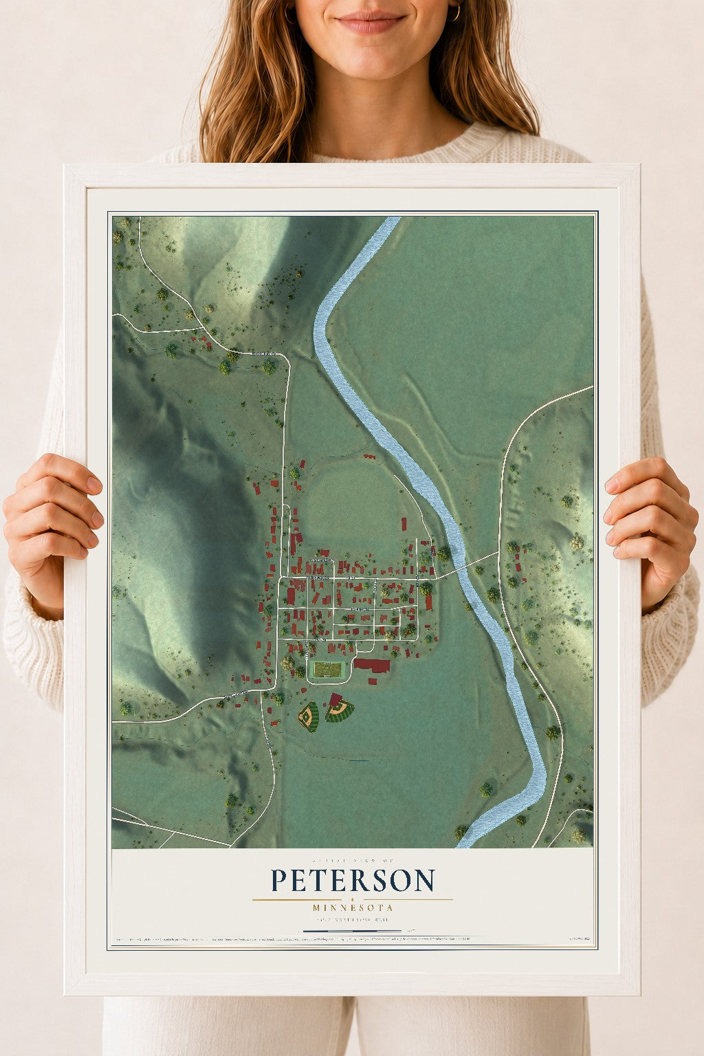 Map of Peterson, Minnesota, 18 x 24 inch print in a white wood frame