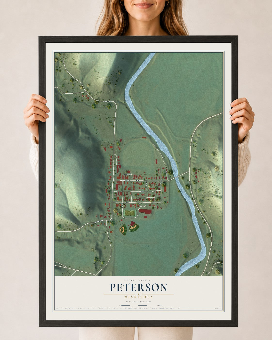 Map of Peterson, Minnesota, 24 x 36 inch print in a black wood frame