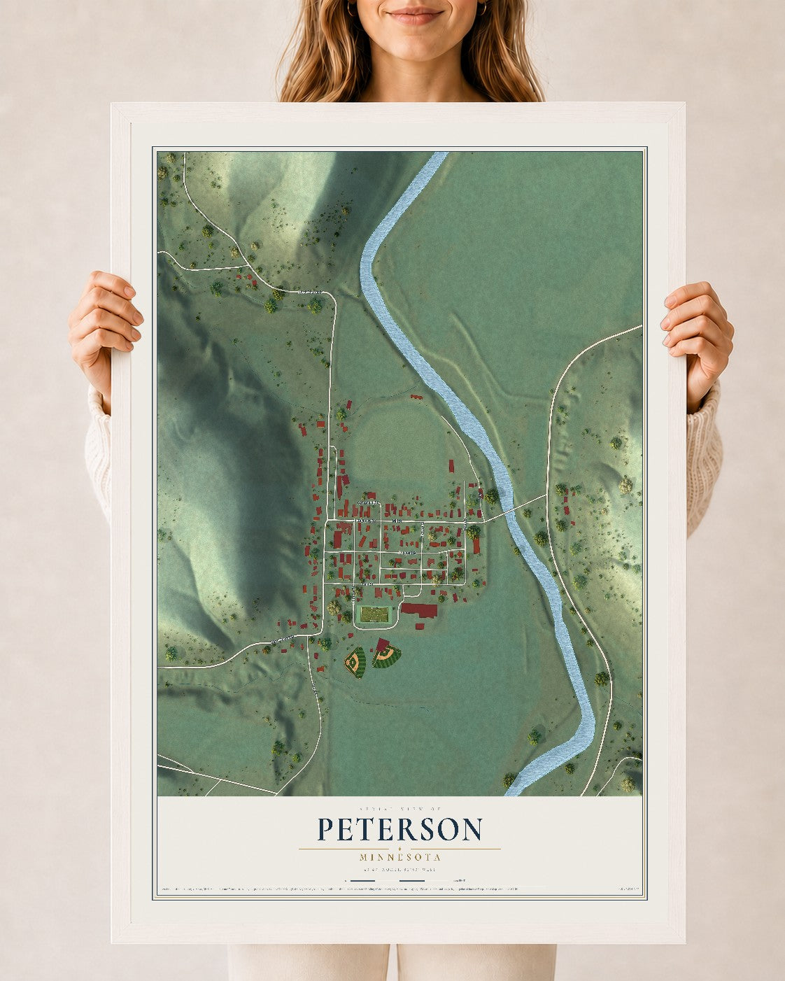 Map of Peterson, Minnesota, 24 x 36 inch print in a white wood frame