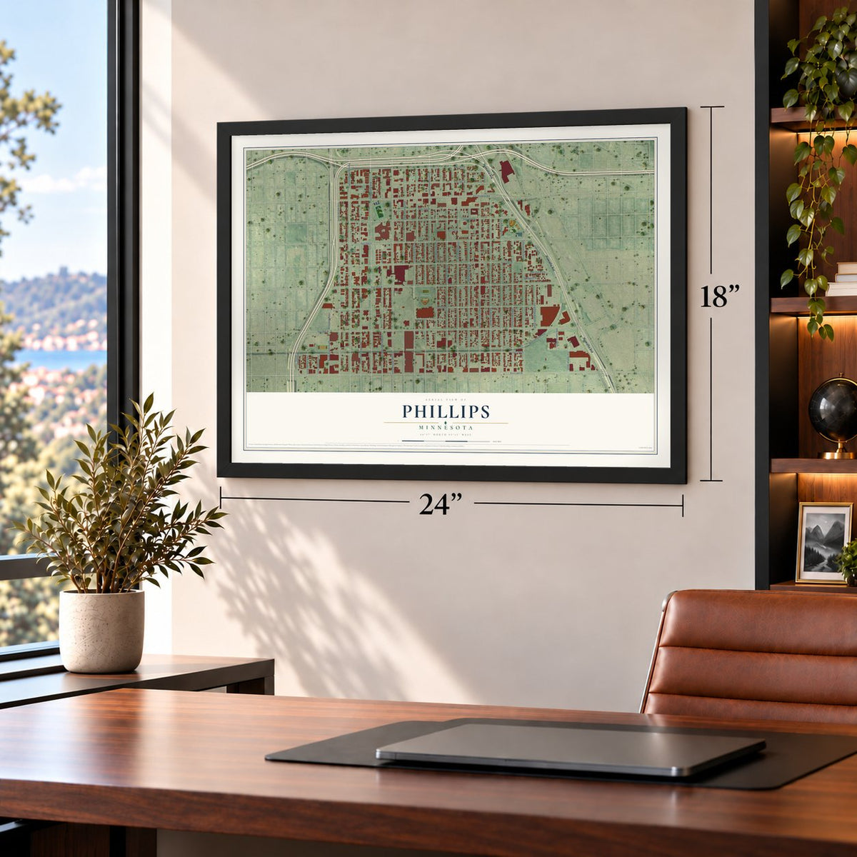 Phillips, Minnesota map, 18 x 24 inch print in a black frame in a home office
