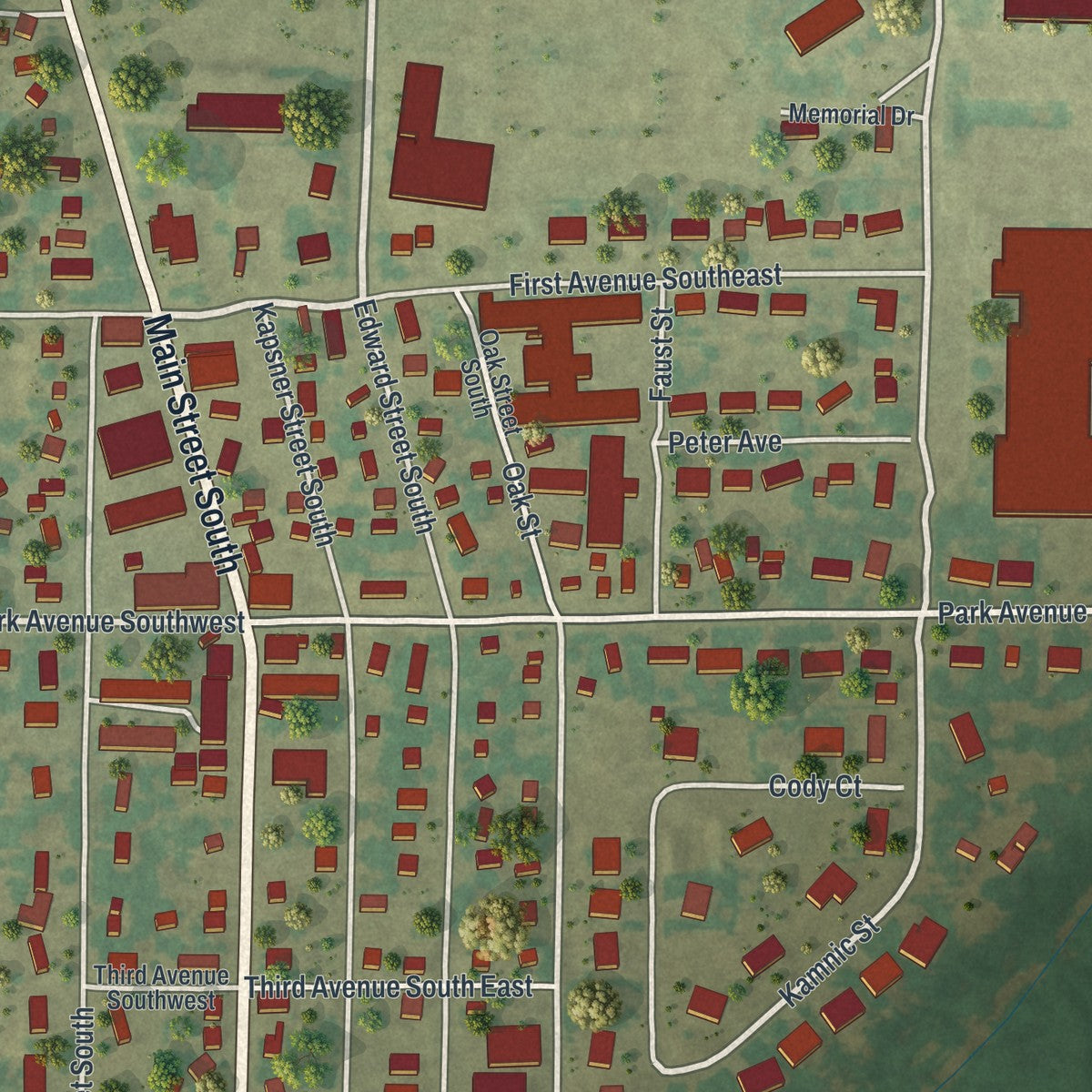 Close-up of the map of Pierz, Minnesota print showing street and building detail