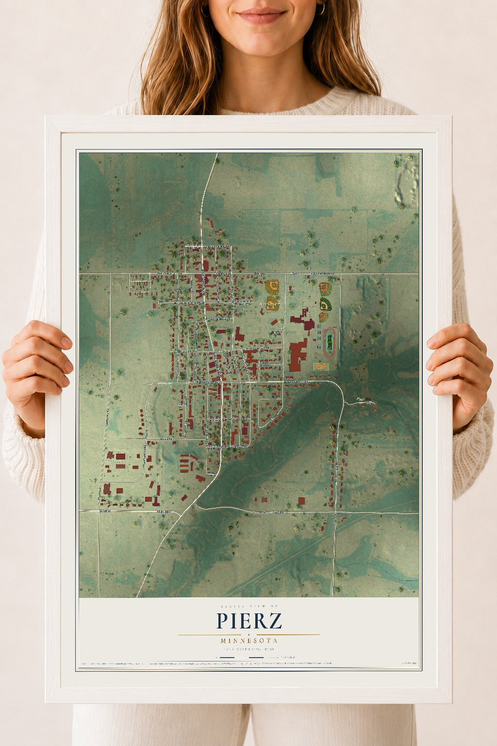 Map of Pierz, Minnesota, 18 x 24 inch print in a white wood frame