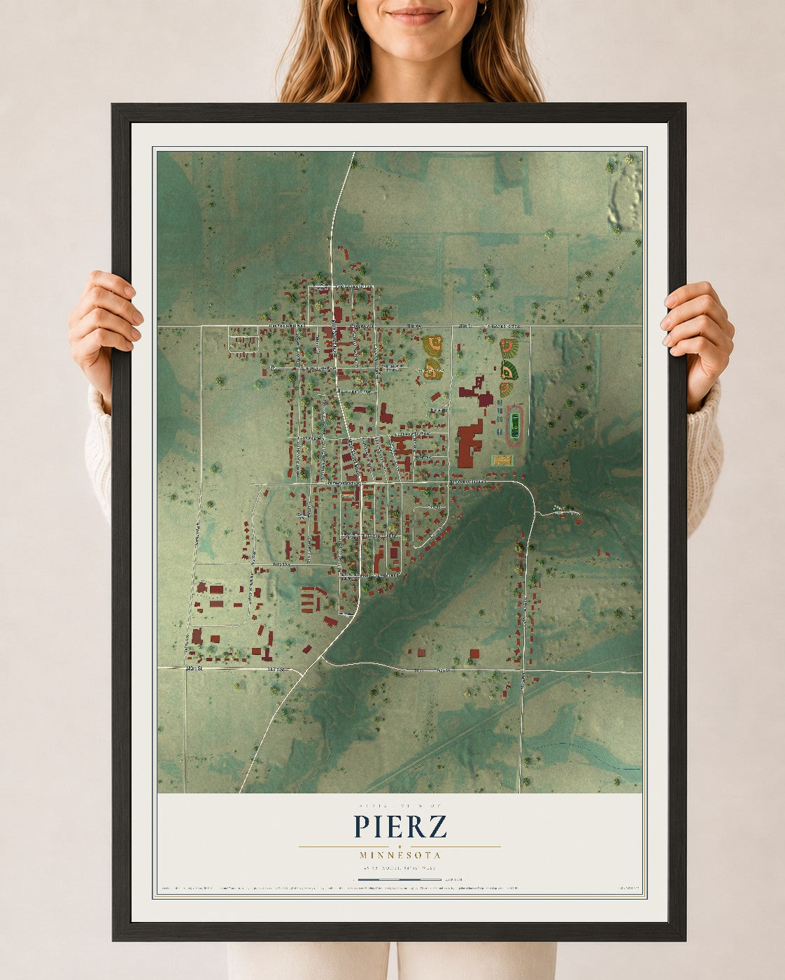 Map of Pierz, Minnesota, 24 x 36 inch print in a black wood frame
