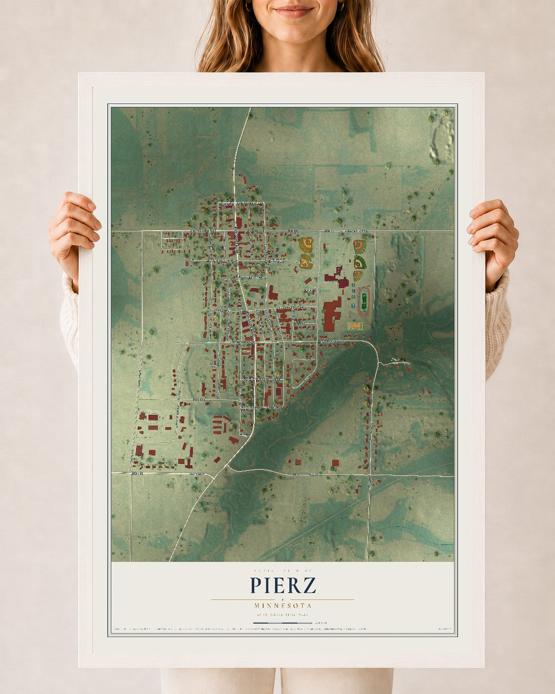 Map of Pierz, Minnesota, 24 x 36 inch print in a white wood frame