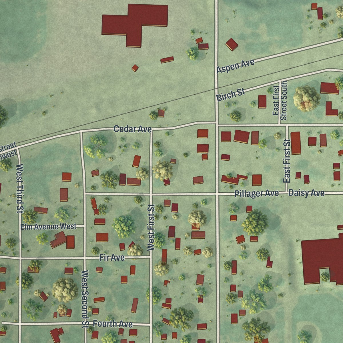 Close-up of the map of Pillager, Minnesota print showing street and building detail