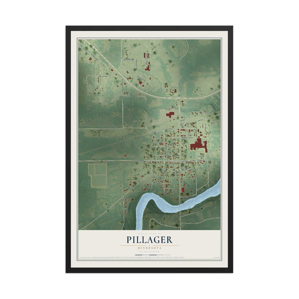 Map of Pillager, Minnesota, 12 x 18 inch print in a black wood frame