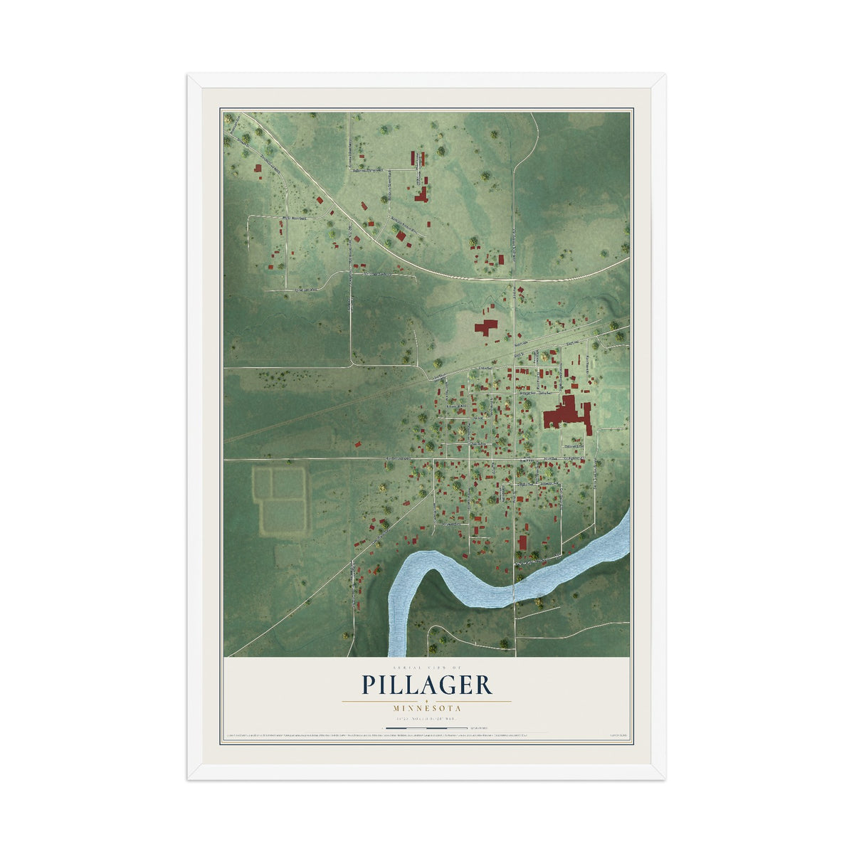 Map of Pillager, Minnesota, 12 x 18 inch print in a white wood frame