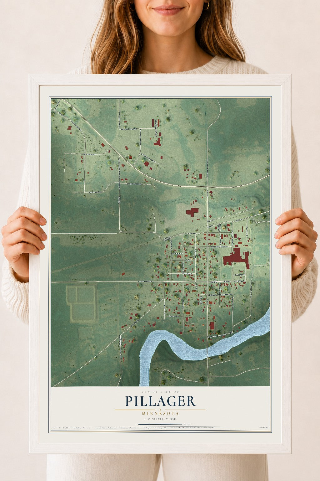 Map of Pillager, Minnesota, 18 x 24 inch print in a white wood frame