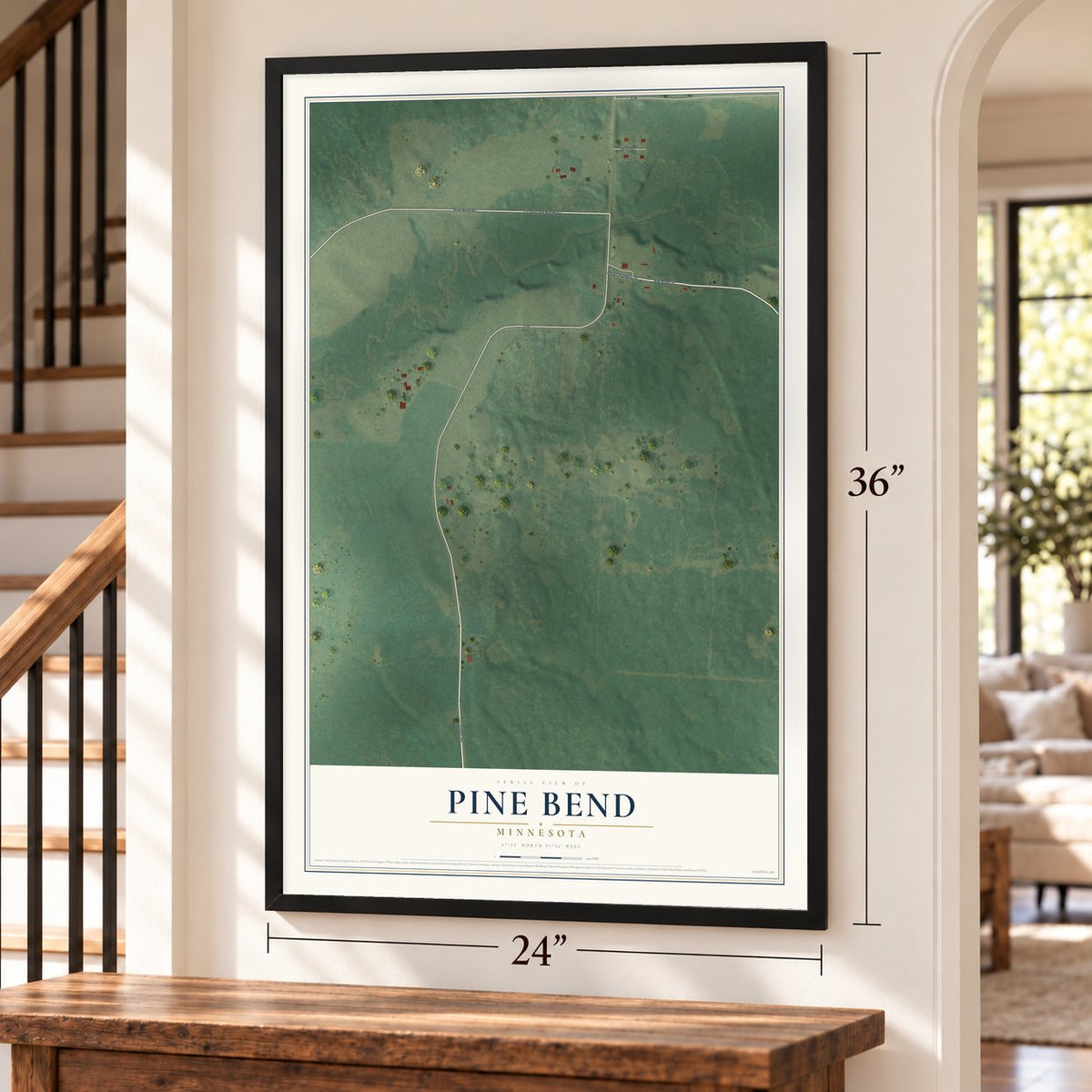 Pine Bend, Minnesota map, 24 x 36 inch print in a black frame by a staircase