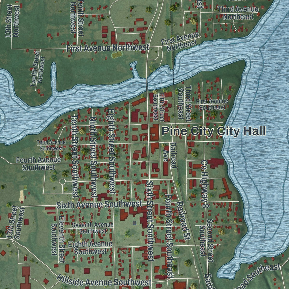 Close-up of the map of Pine City, Minnesota print showing street and building detail