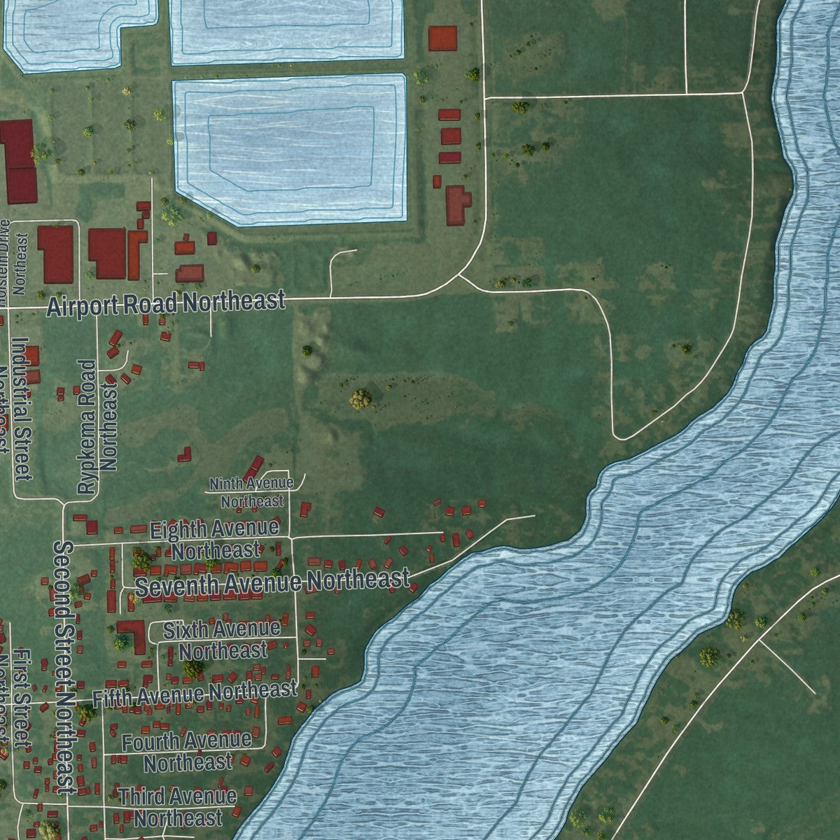 Second close-up of the map of Pine City, Minnesota print showing more streets and buildings
