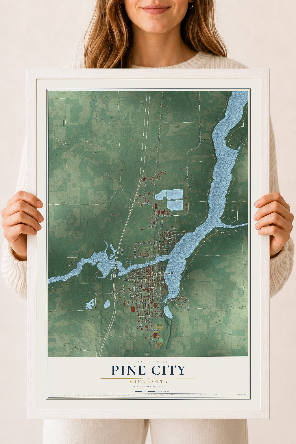 Map of Pine City, Minnesota, 18 x 24 inch print in a white wood frame