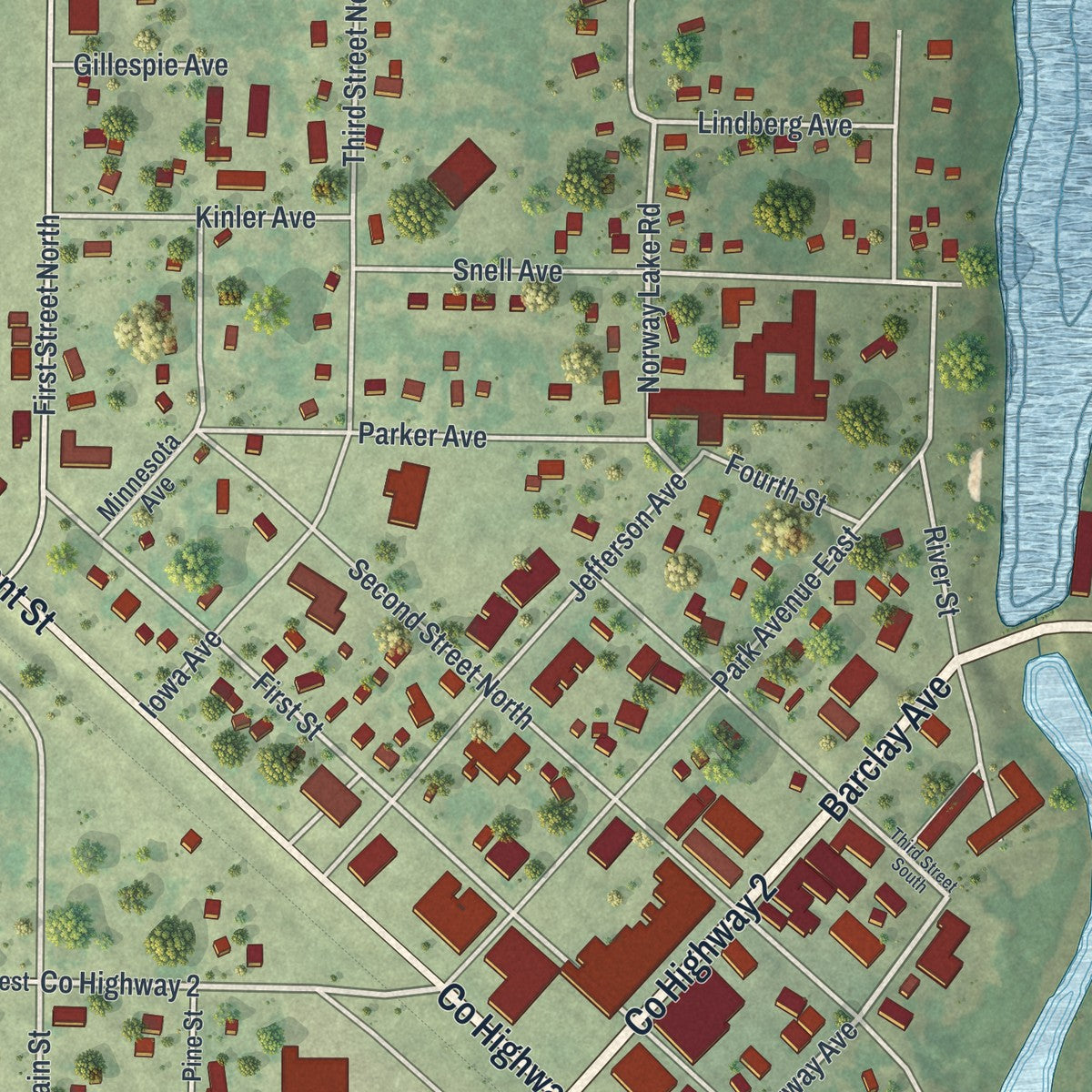 Close-up of the map of Pine River, Minnesota print showing street and building detail