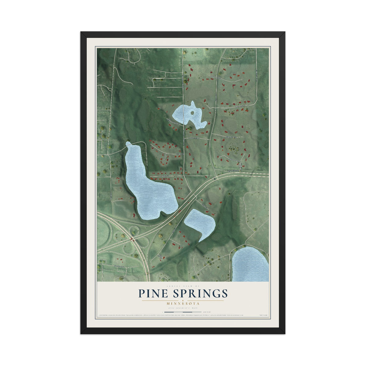 Map of Pine Springs, Minnesota, 12 x 18 inch print in a black wood frame