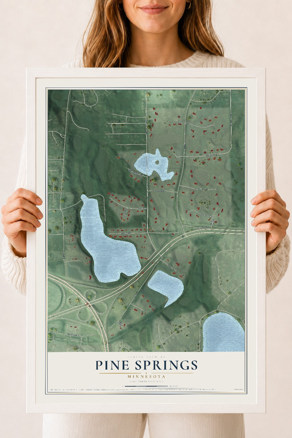 Map of Pine Springs, Minnesota, 18 x 24 inch print in a white wood frame