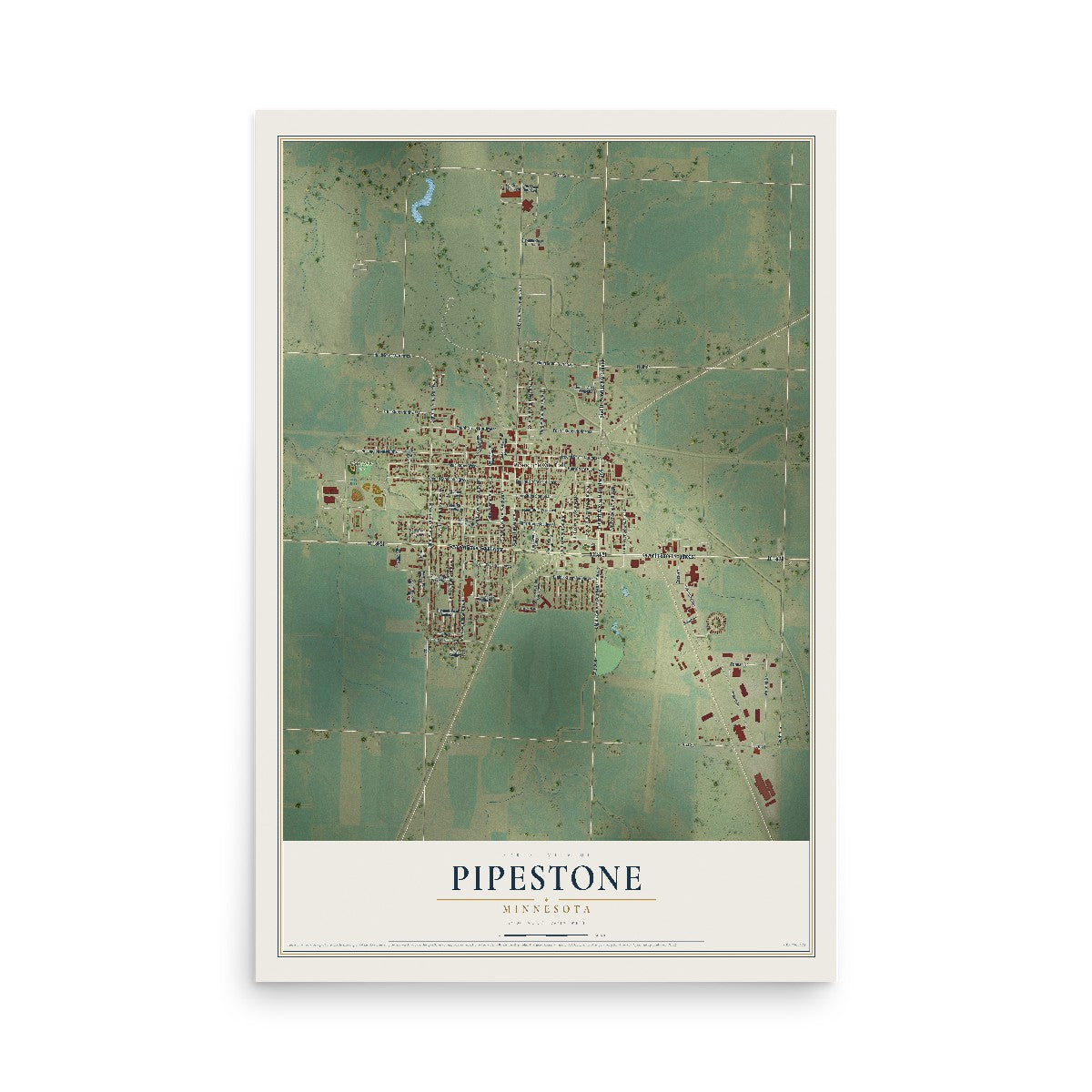 Map of Pipestone, Minnesota, 12 x 18 inch unframed archival matte print