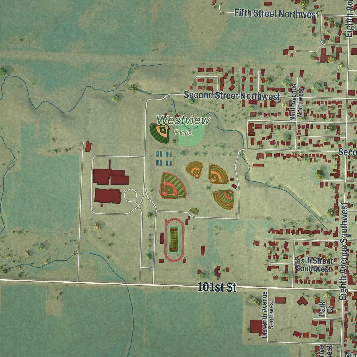 Second close-up of the map of Pipestone, Minnesota print showing more streets and buildings