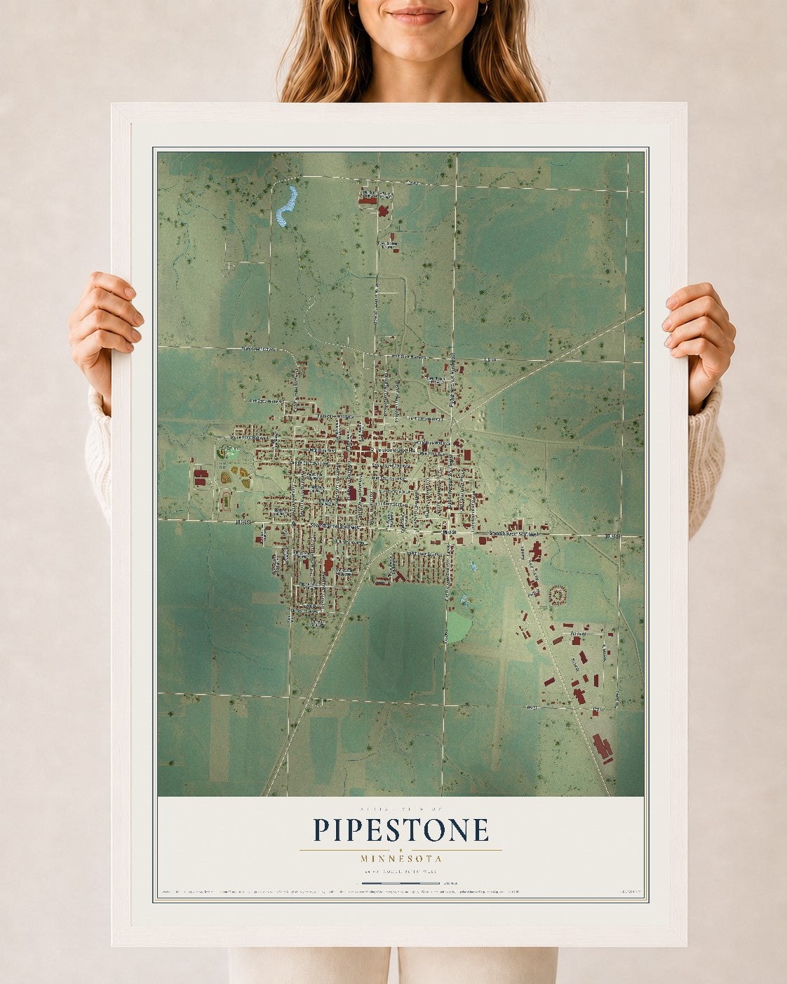 Map of Pipestone, Minnesota, 24 x 36 inch print in a white wood frame