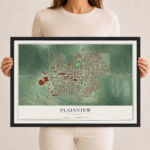 Map of Plainview, Minnesota, 12 x 18 inch print in a black wood frame