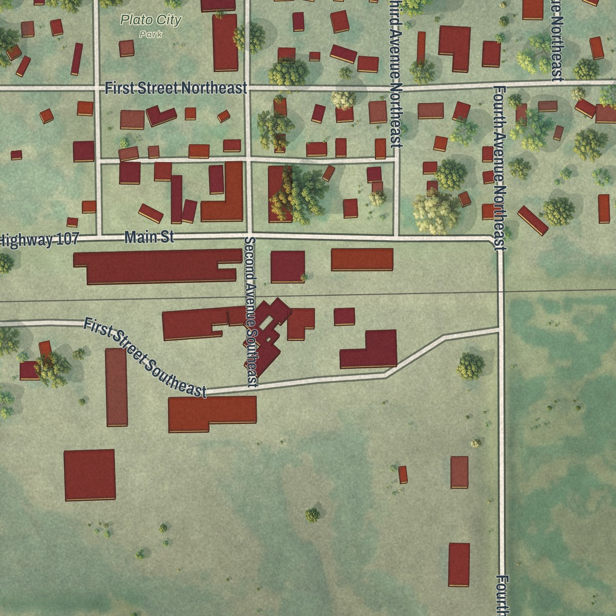 Close-up of the map of Plato, Minnesota print showing street and building detail