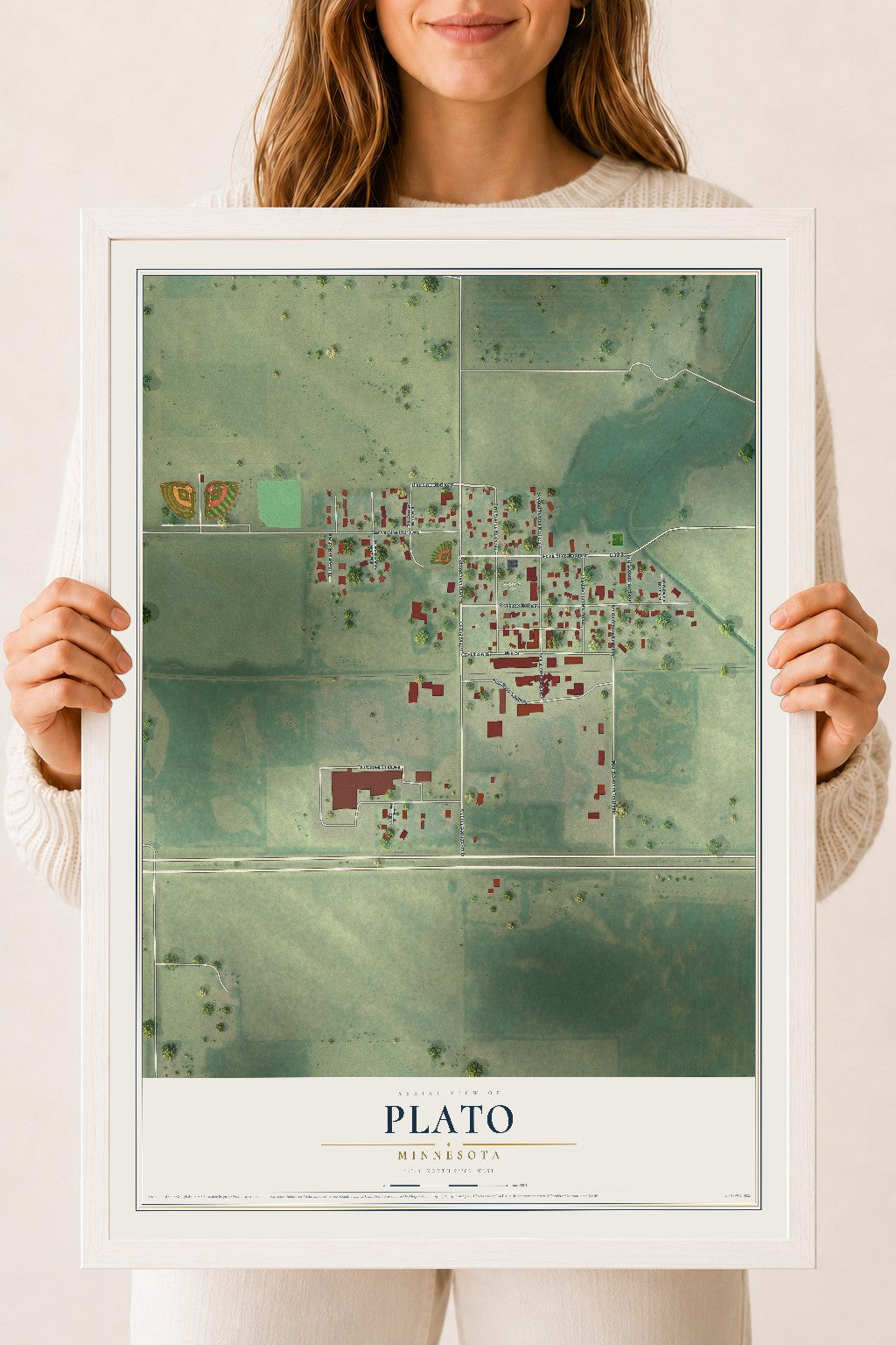 Map of Plato, Minnesota, 18 x 24 inch print in a white wood frame