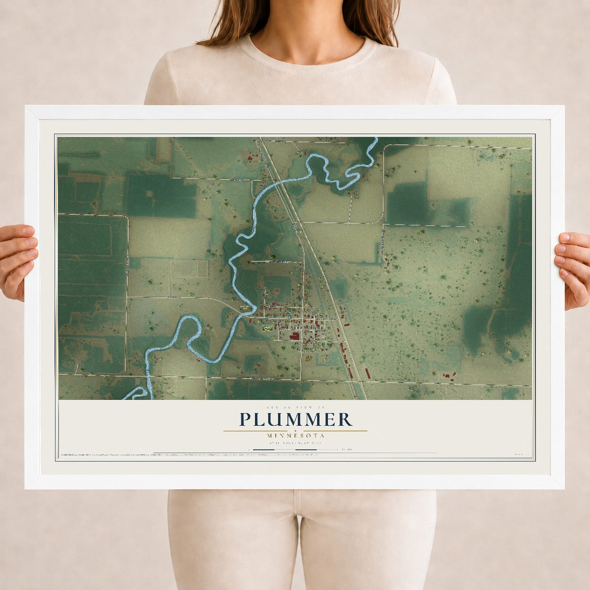 Map of Plummer, Minnesota, 18 x 24 inch print in a white wood frame