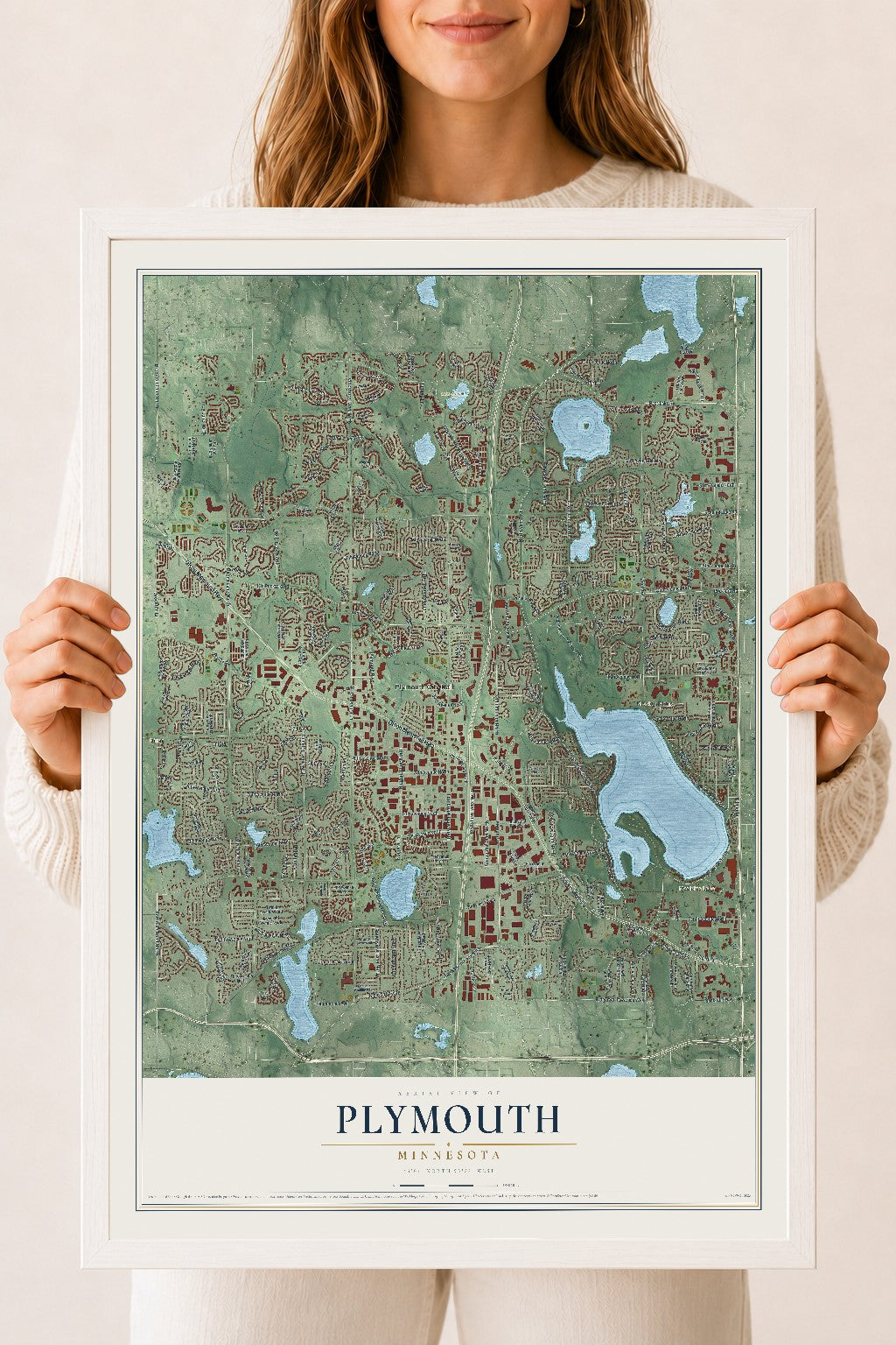 Map of Plymouth, Minnesota, 18 x 24 inch print in a white wood frame
