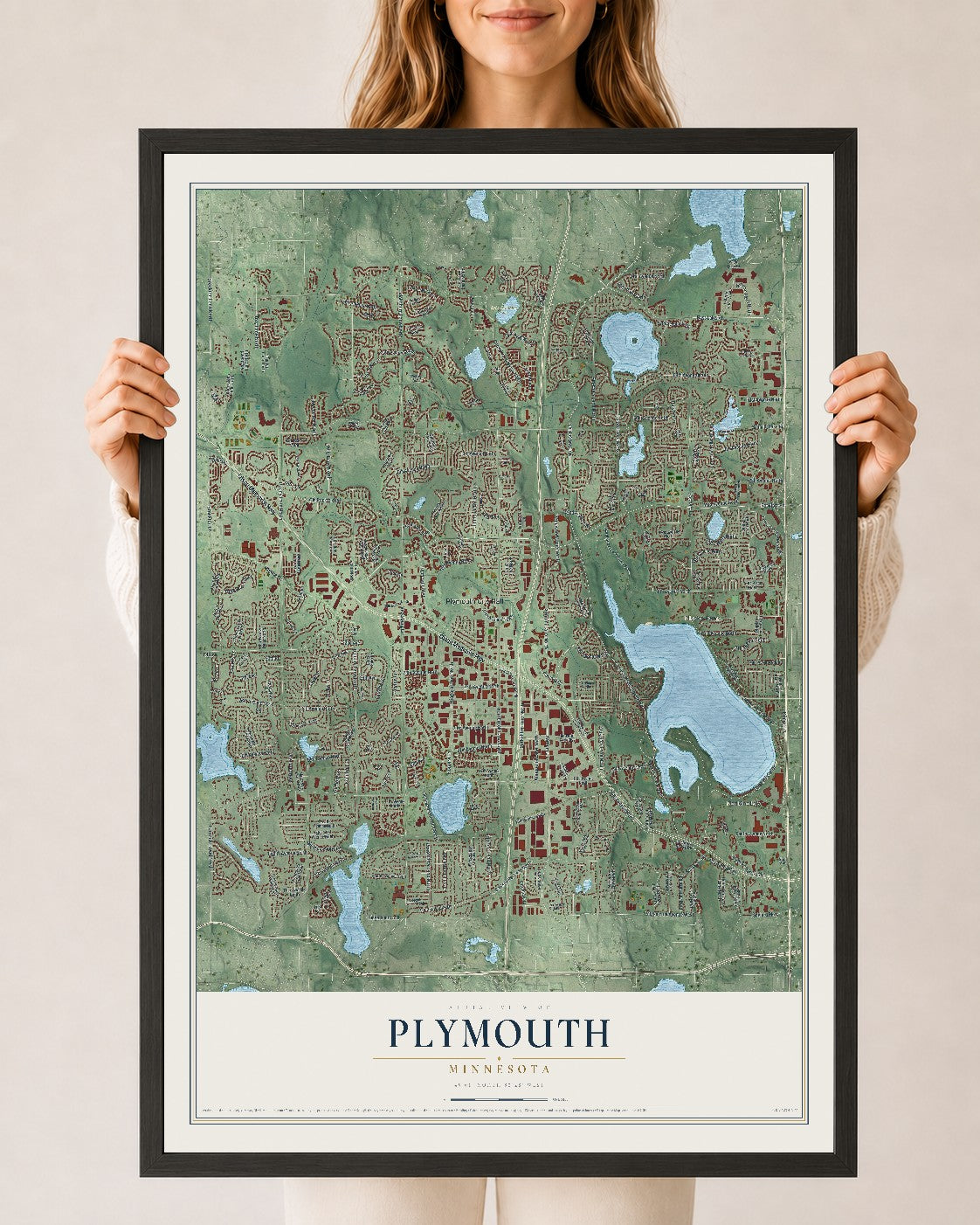 Map of Plymouth, Minnesota, 24 x 36 inch print in a black wood frame