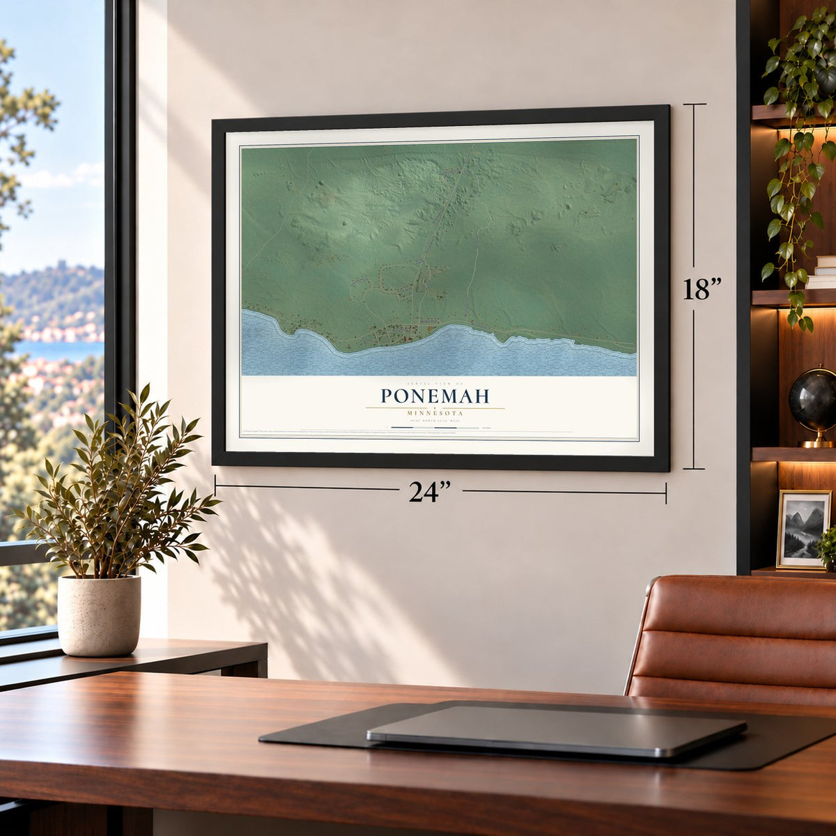 Ponemah, Minnesota map, 18 x 24 inch print in a black frame in a home office