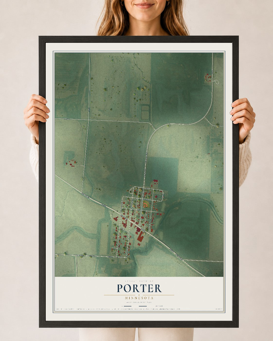 Map of Porter, Minnesota, 24 x 36 inch print in a black wood frame