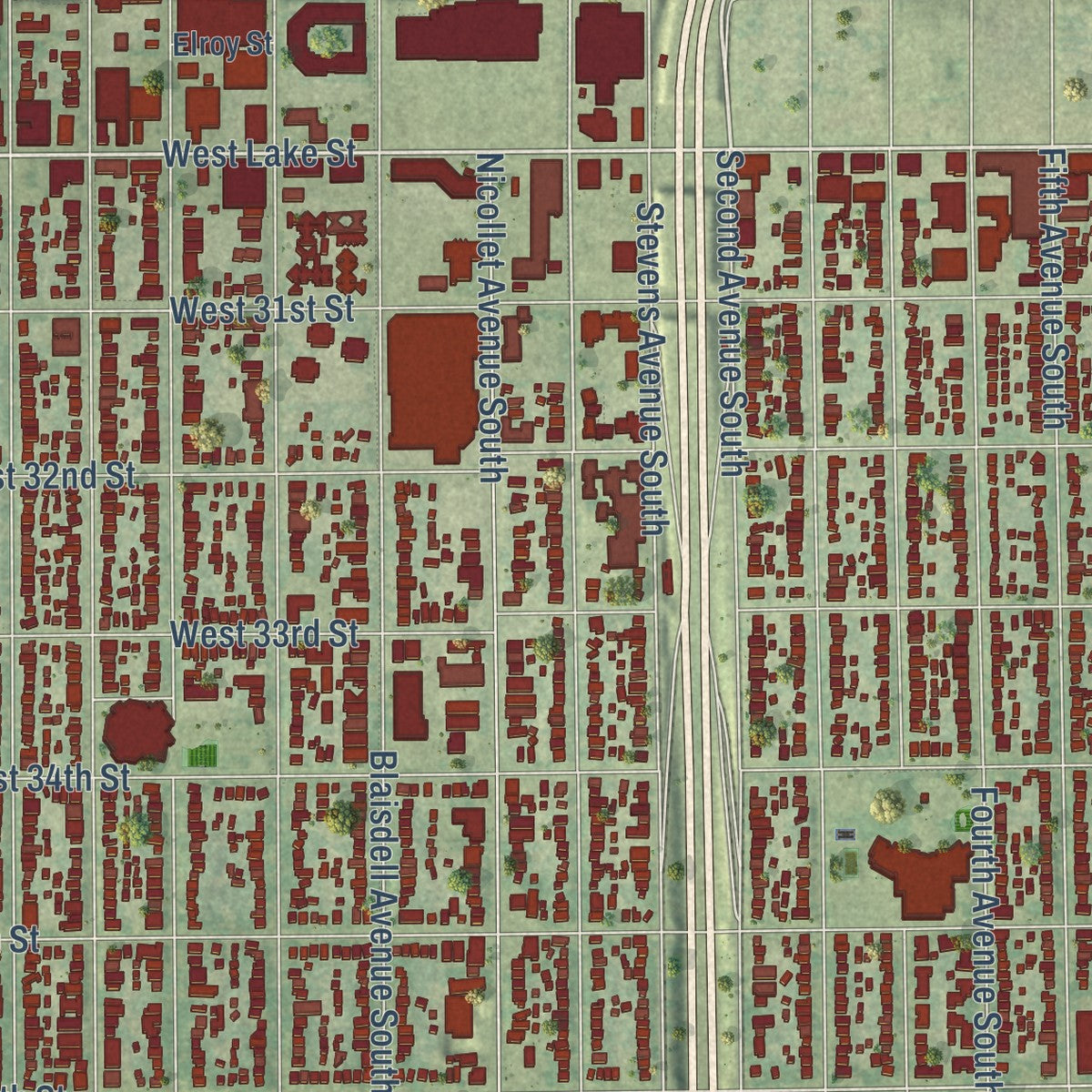 Close-up of the map of Powderhorn, Minnesota print showing street and building detail