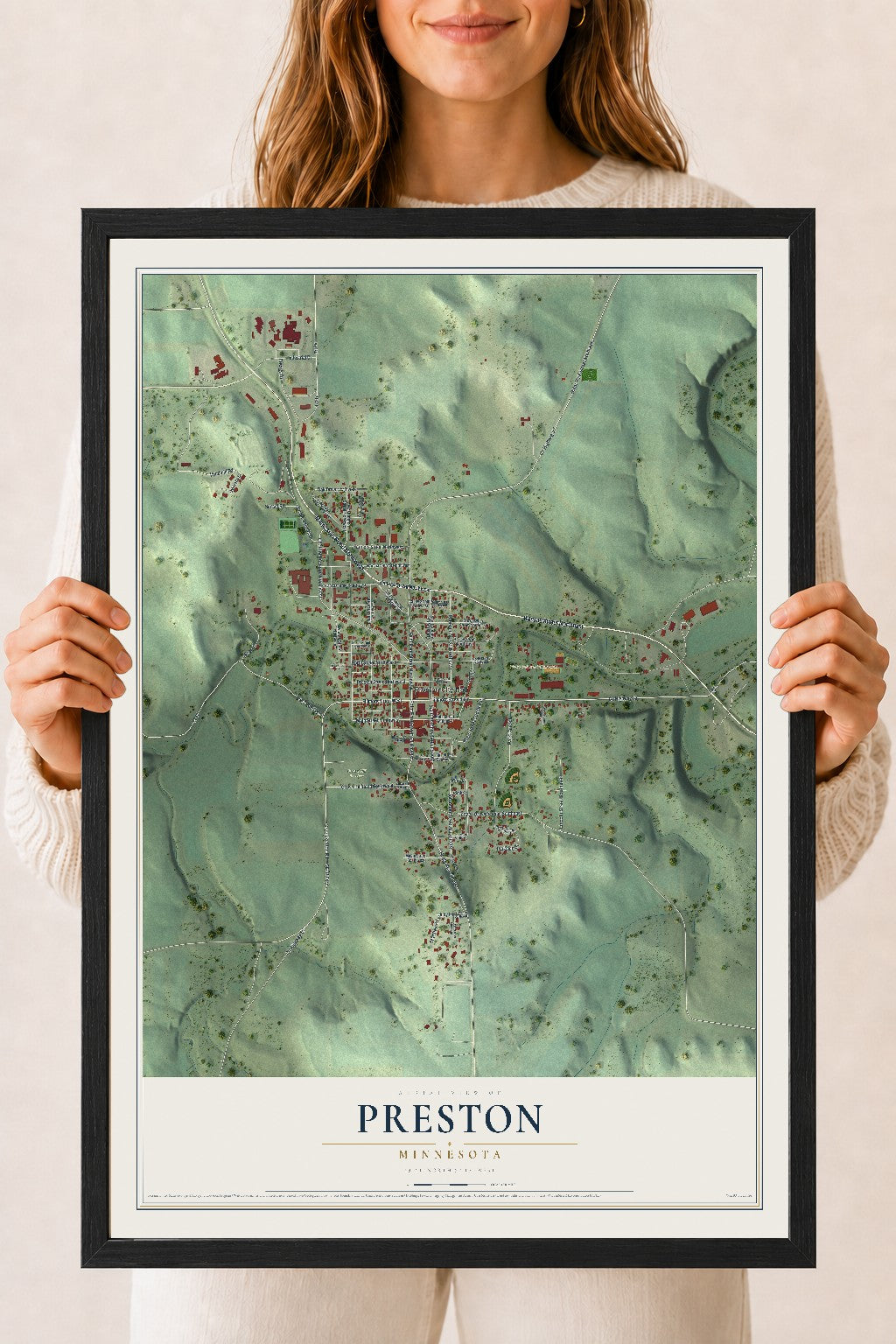 Map of Preston, Minnesota, 18 x 24 inch print in a black wood frame