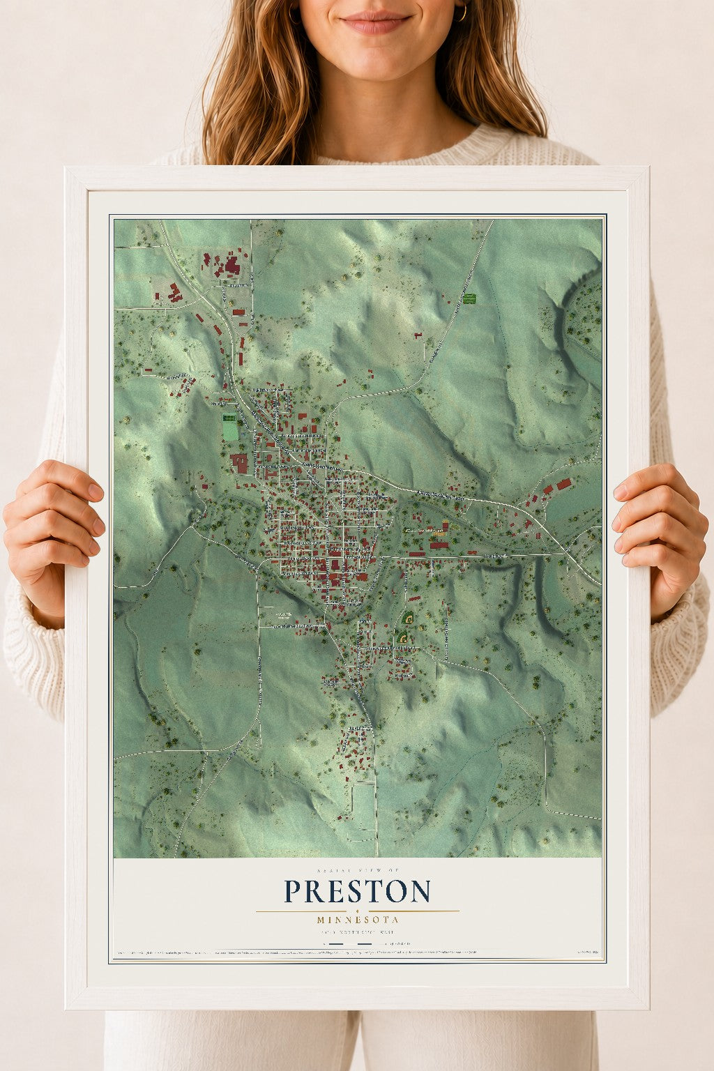 Map of Preston, Minnesota, 18 x 24 inch print in a white wood frame