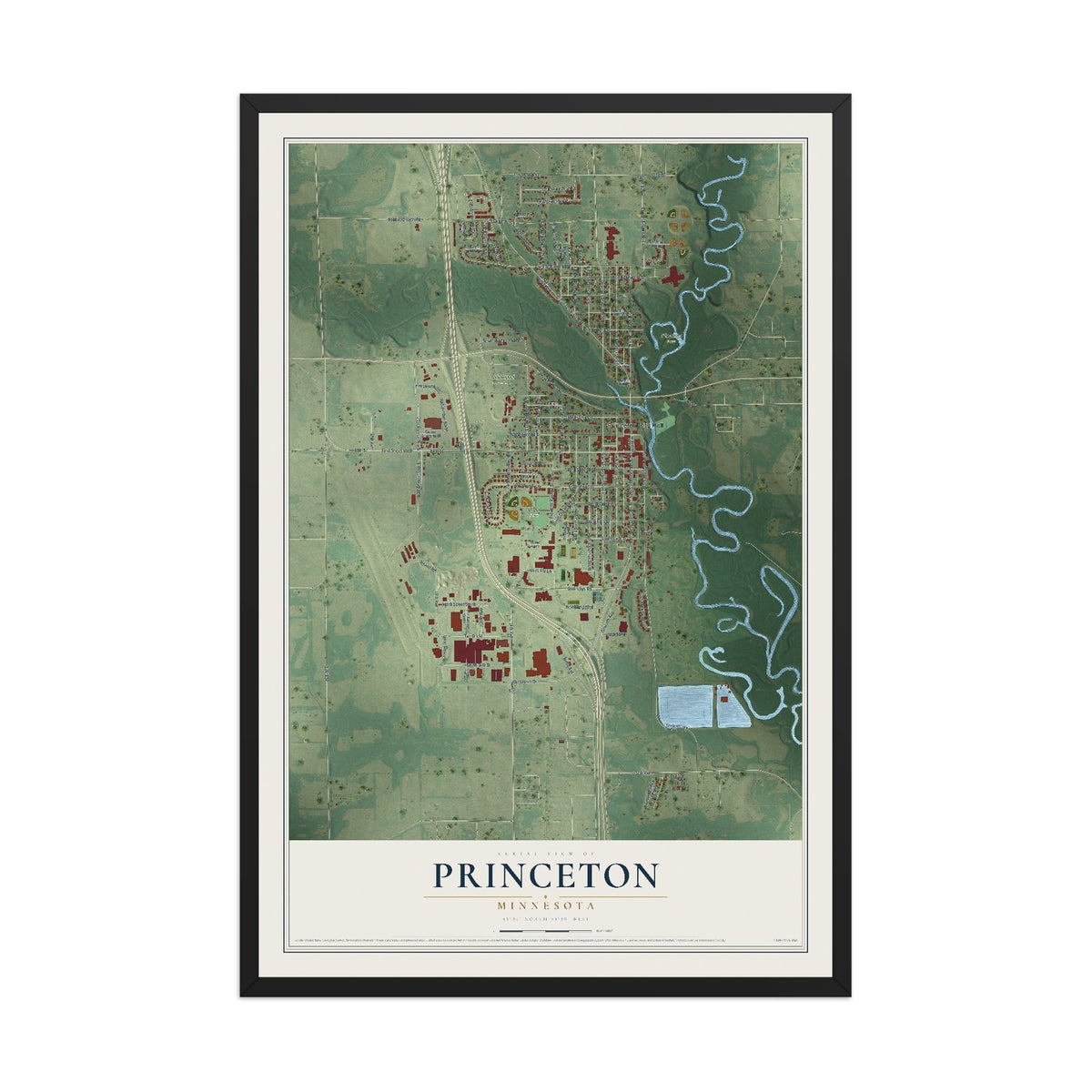 Map of Princeton, Minnesota, 12 x 18 inch print in a black wood frame