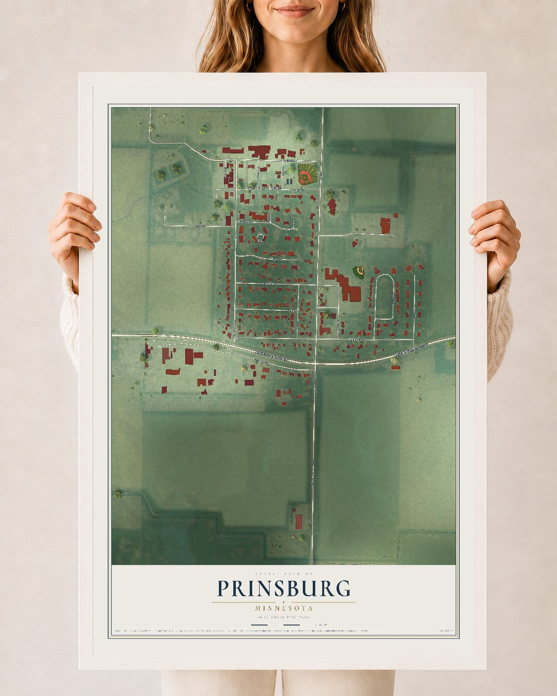 Map of Prinsburg, Minnesota, 24 x 36 inch print in a white wood frame
