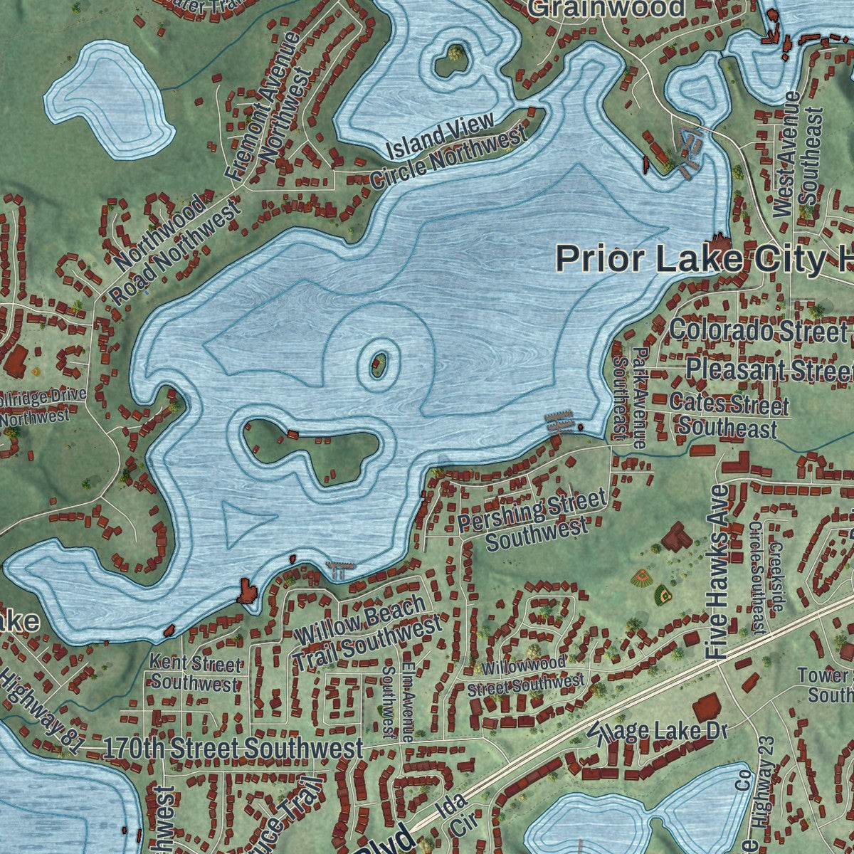 Close-up of the map of Prior Lake, Minnesota print showing street and building detail