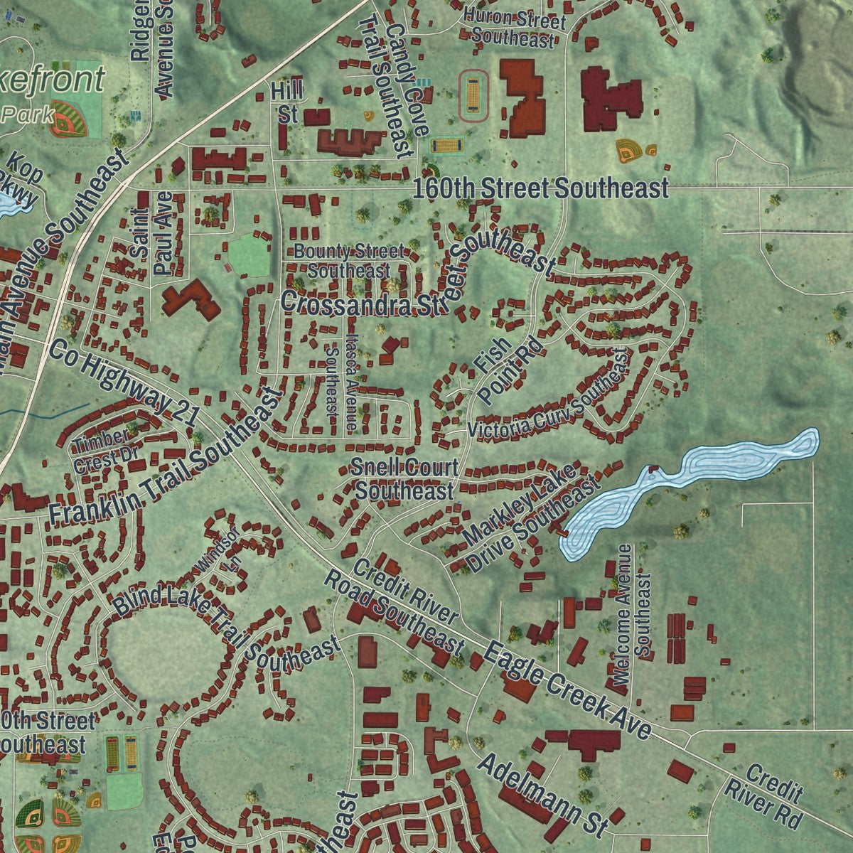Second close-up of the map of Prior Lake, Minnesota print showing more streets and buildings