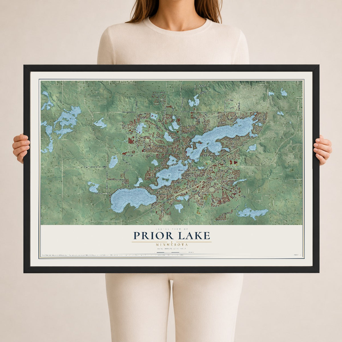 Map of Prior Lake, Minnesota, 24 x 36 inch print in a black wood frame