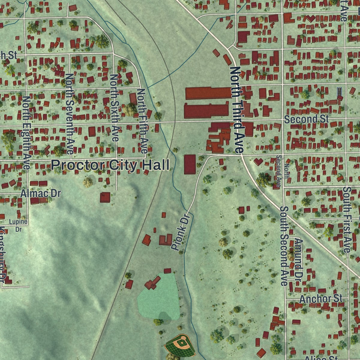 Close-up of the map of Proctor, Minnesota print showing street and building detail