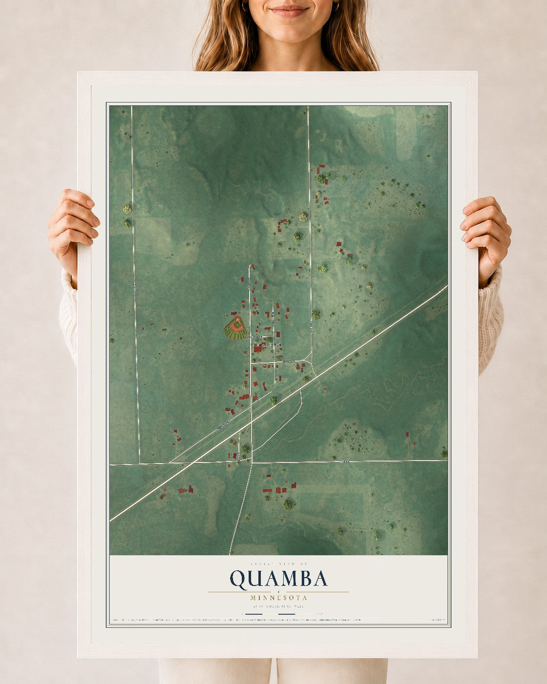 Map of Quamba, Minnesota, 24 x 36 inch print in a white wood frame