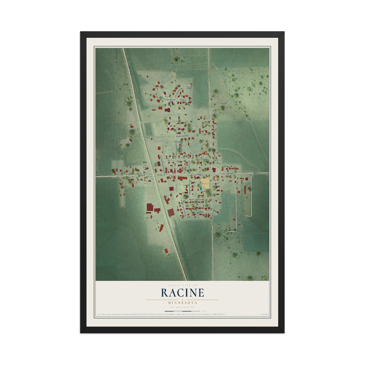 Map of Racine, Minnesota, 12 x 18 inch print in a black wood frame
