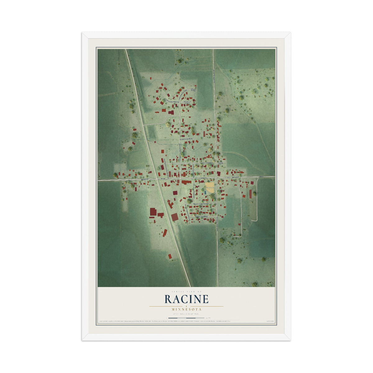 Map of Racine, Minnesota, 12 x 18 inch print in a white wood frame