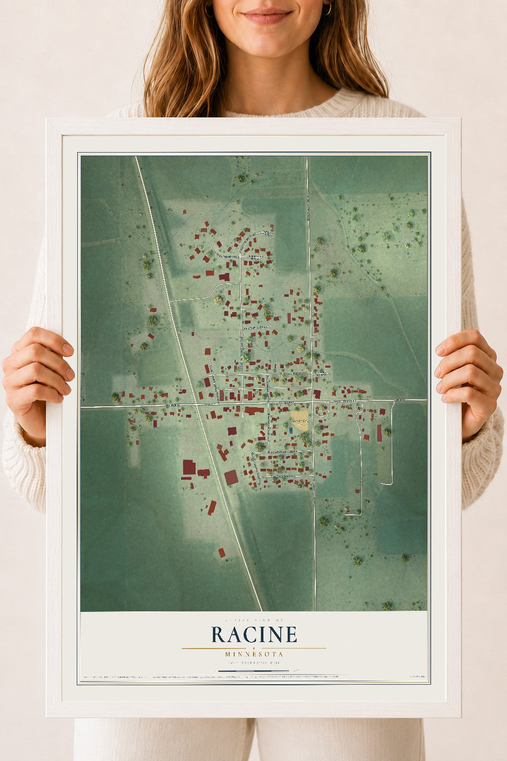 Map of Racine, Minnesota, 18 x 24 inch print in a white wood frame