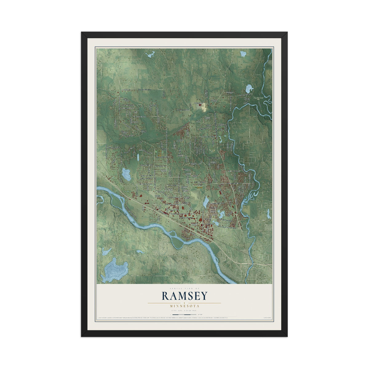 Map of Ramsey, Minnesota, 12 x 18 inch print in a black wood frame