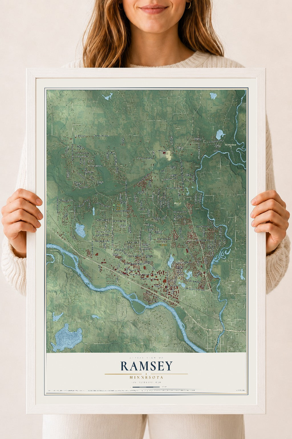 Map of Ramsey, Minnesota, 18 x 24 inch print in a white wood frame