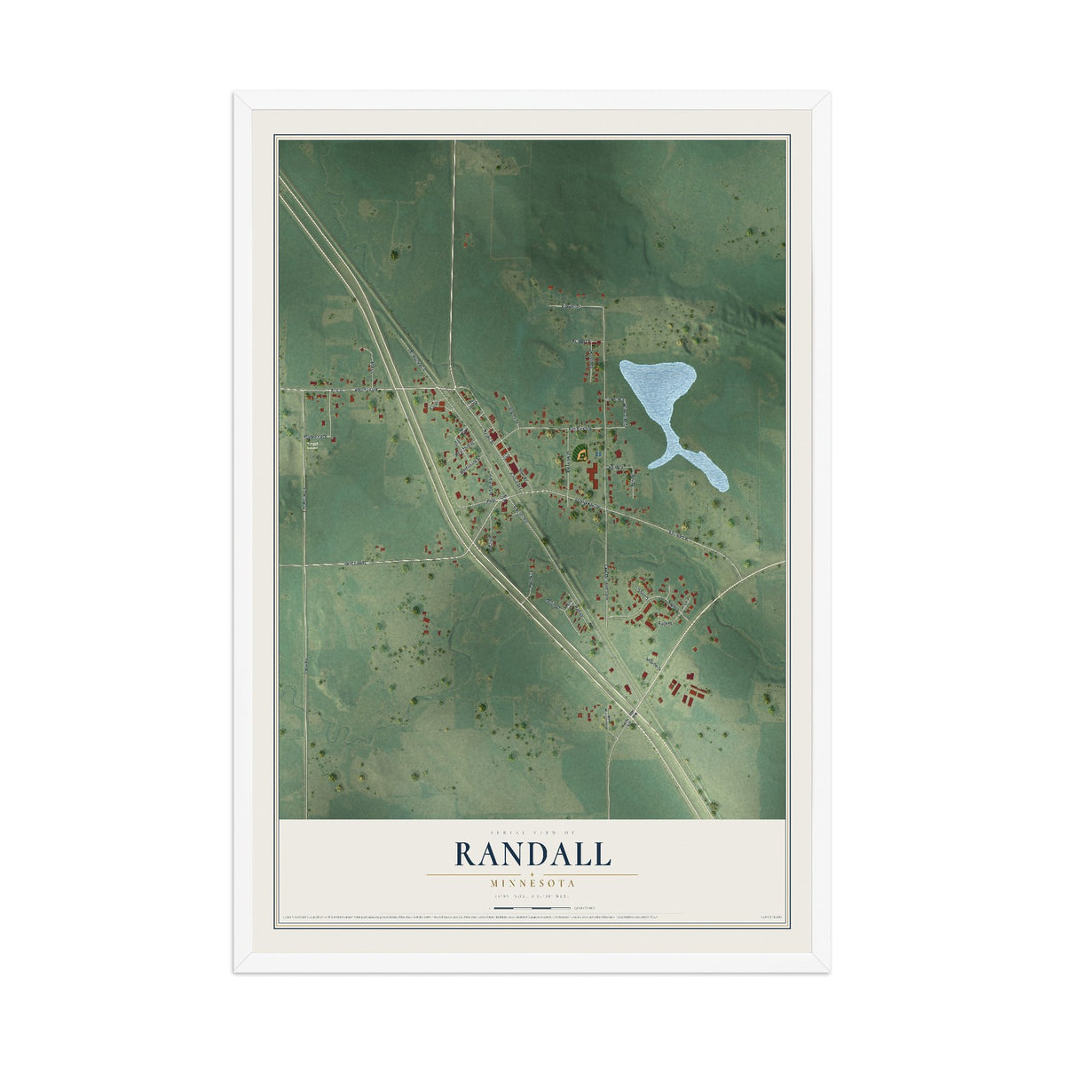 Map of Randall, Minnesota, 12 x 18 inch print in a white wood frame