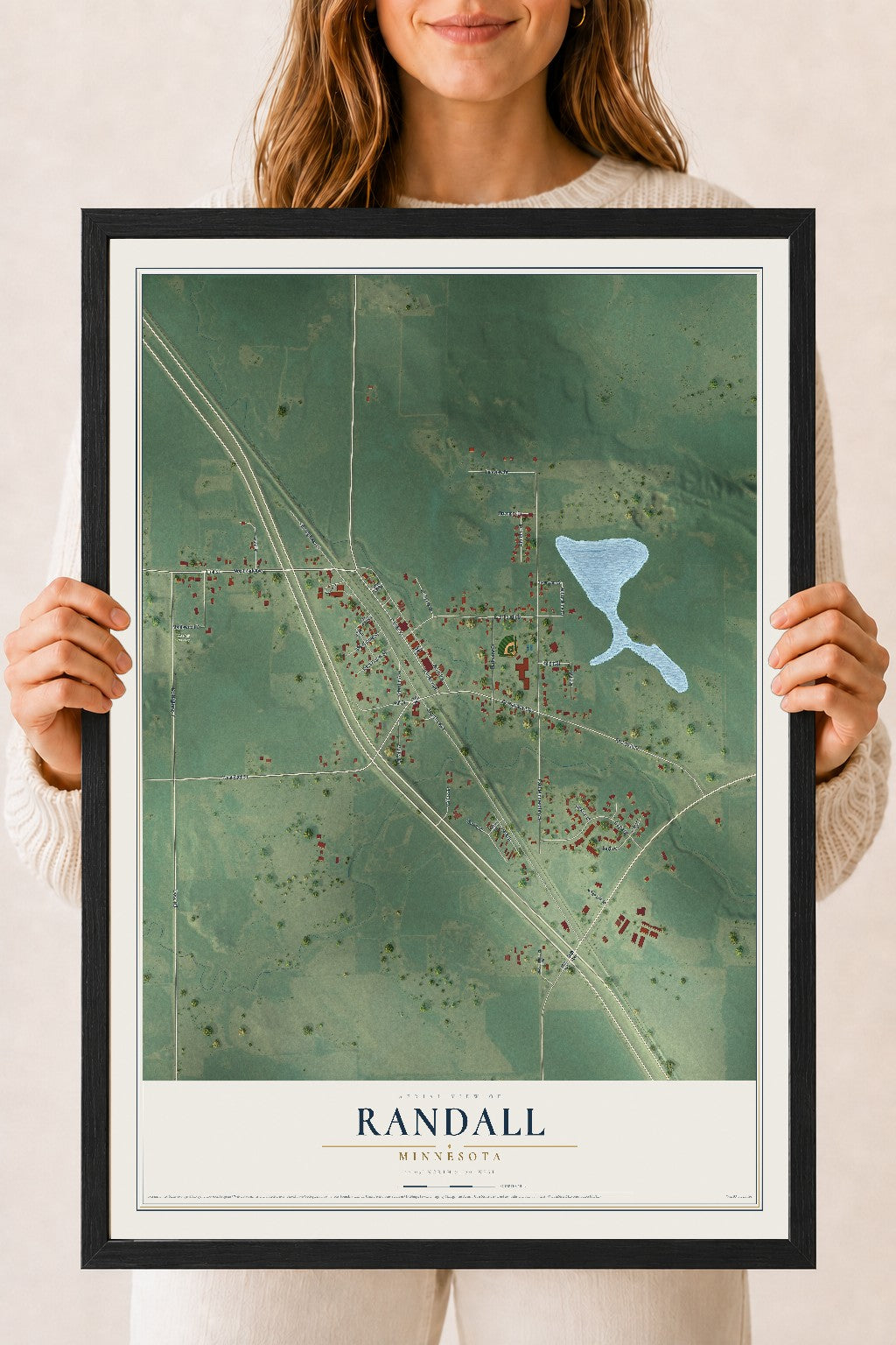 Map of Randall, Minnesota, 18 x 24 inch print in a black wood frame