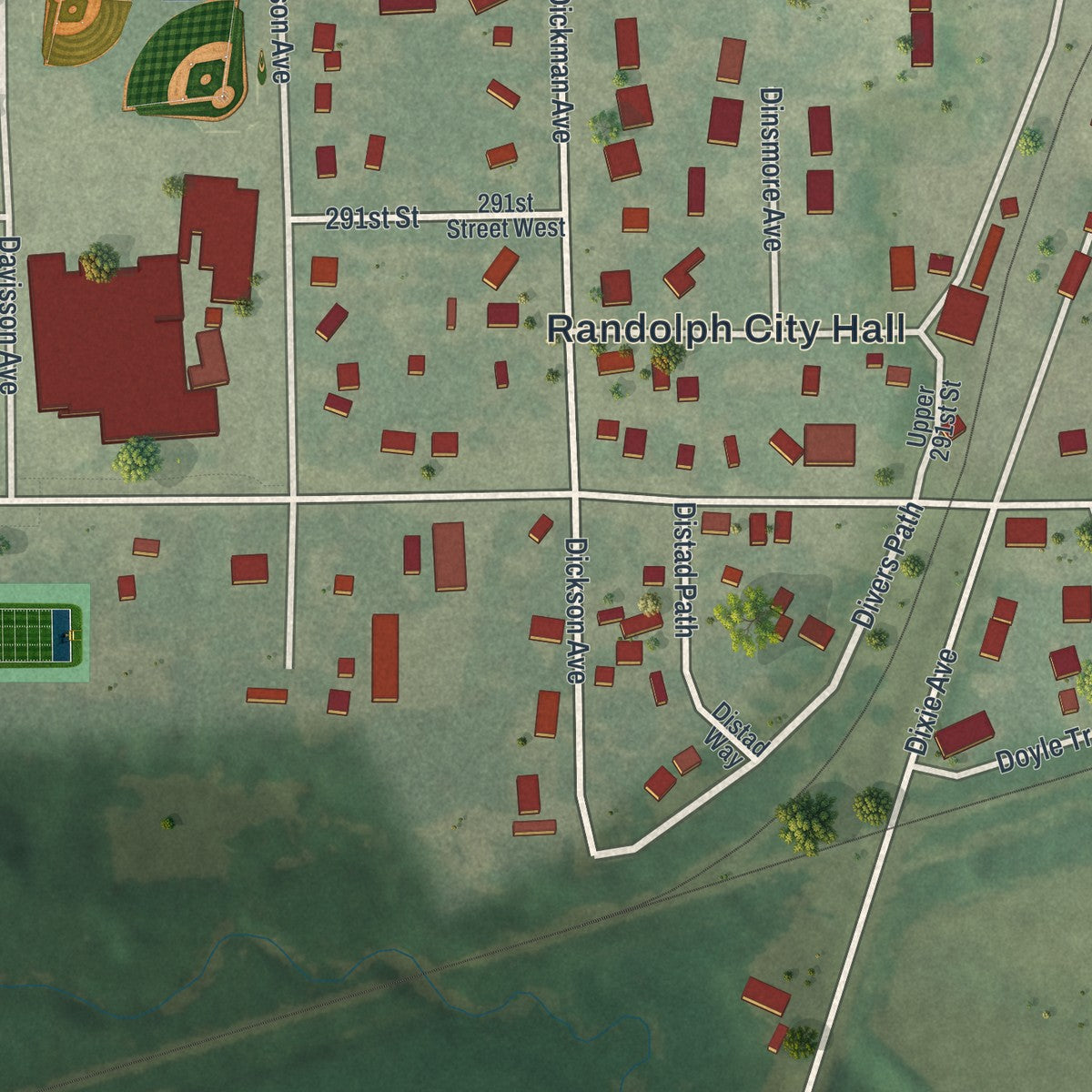 Close-up of the map of Randolph, Minnesota print showing street and building detail