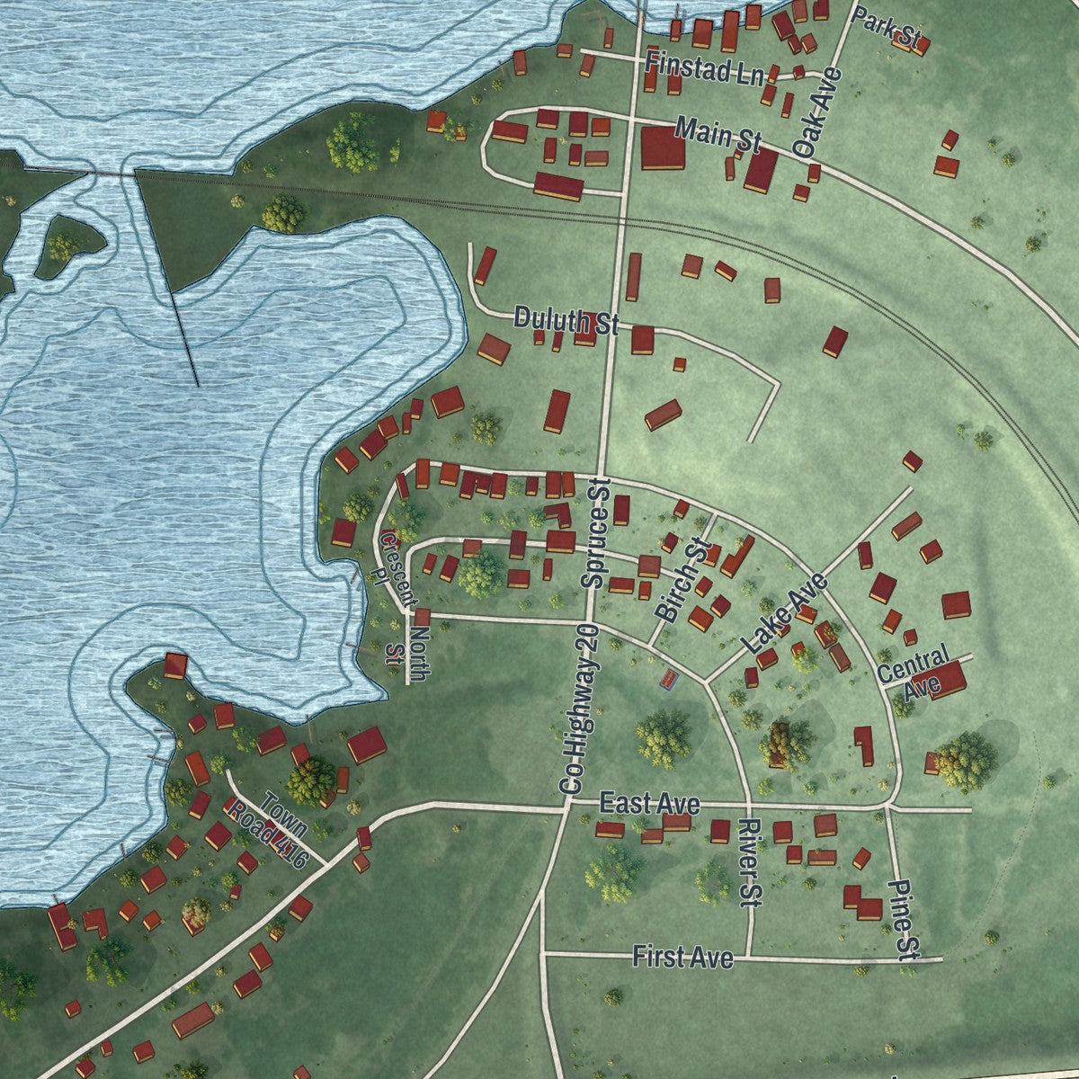 Close-up of the map of Ranier, Minnesota print showing street and building detail