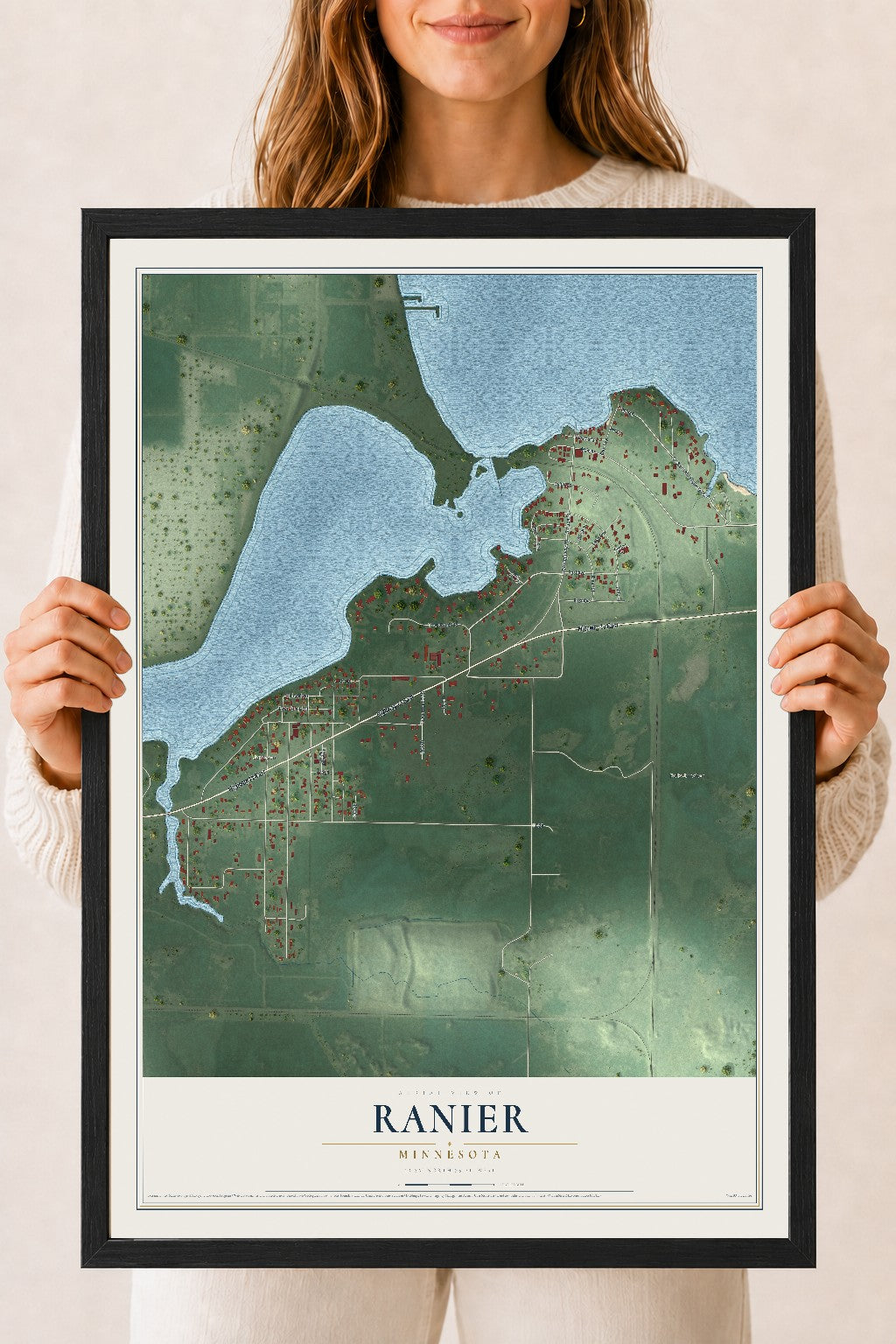 Map of Ranier, Minnesota, 18 x 24 inch print in a black wood frame